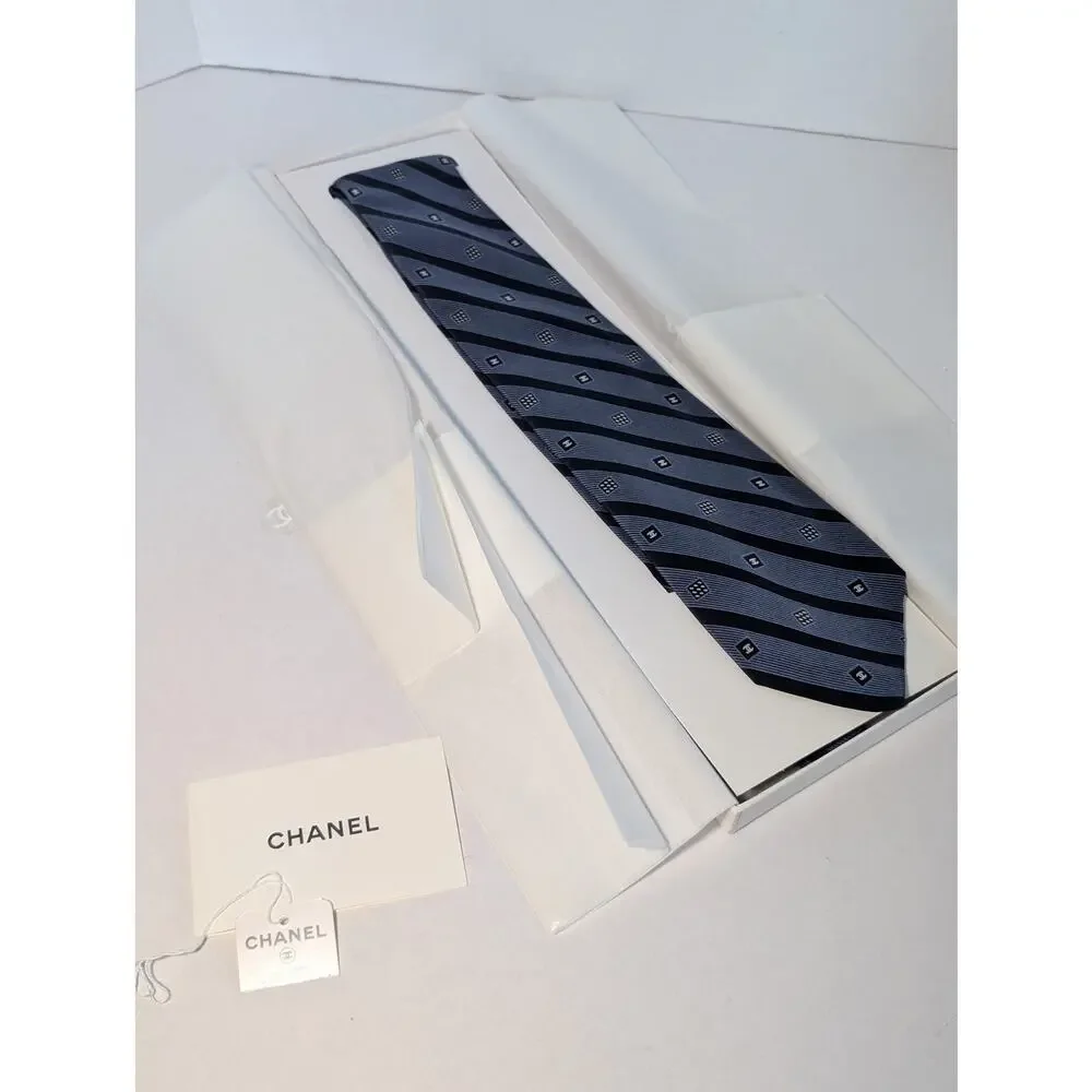 Chanel Monogram Blue and Black Striped Necktie - Giftable with Box